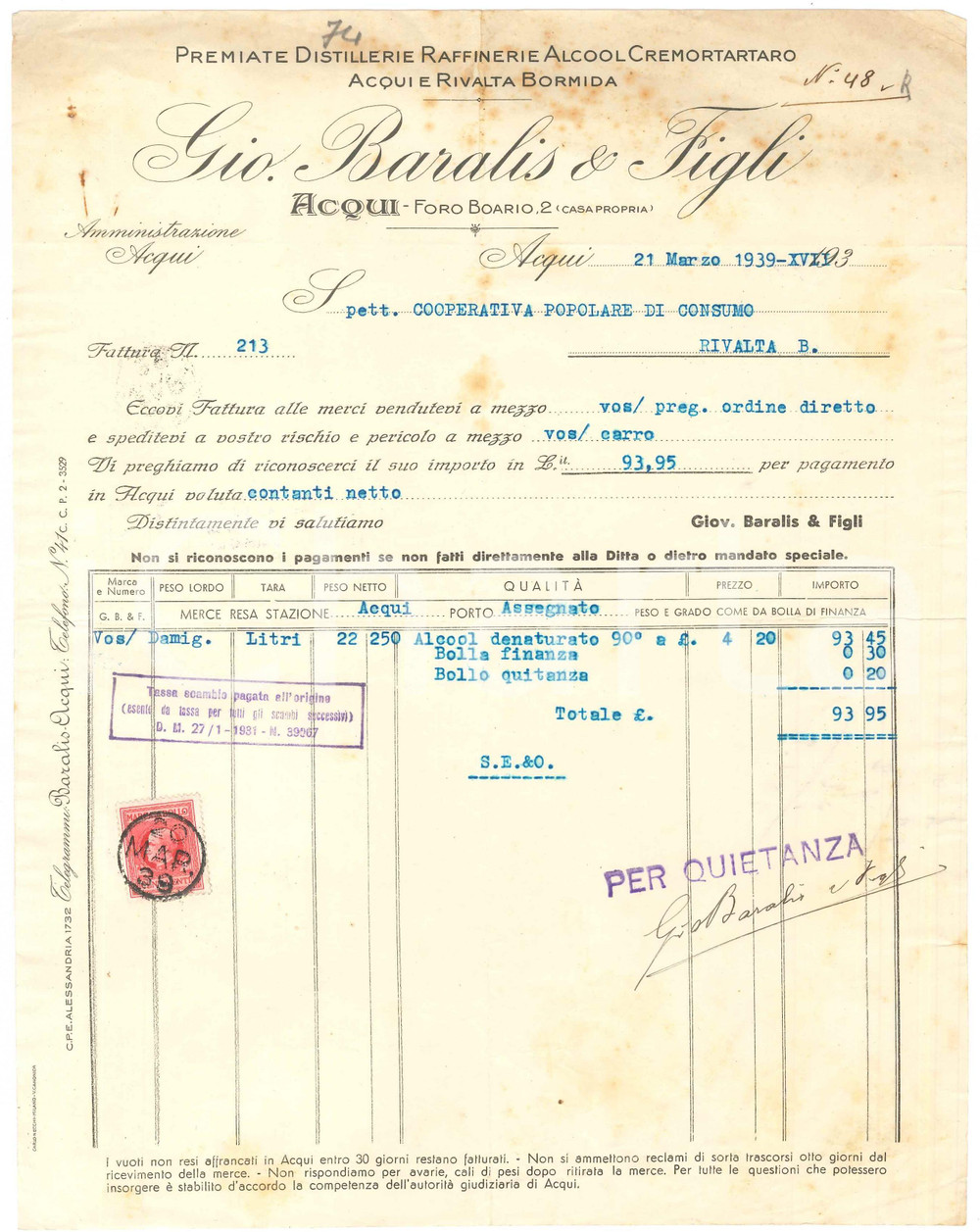 1939 ACQUI TERME (AL) - Gio. BARALIS & Figli Premiate distillerie - Fattura (2)