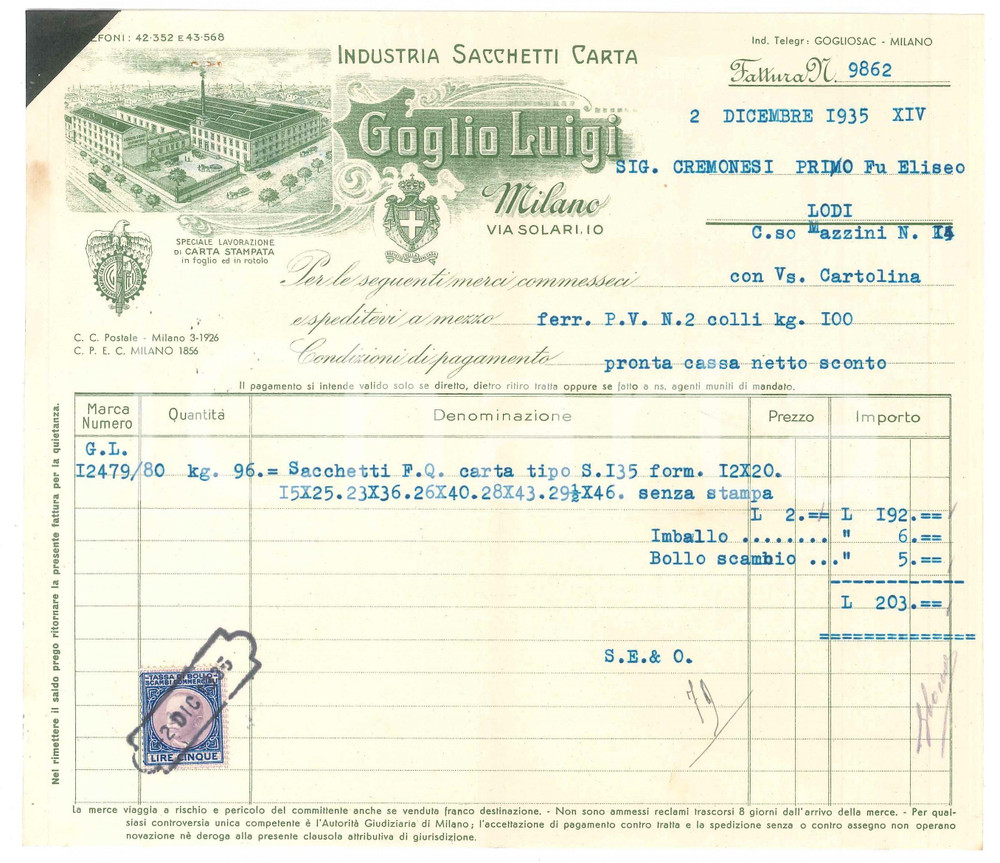 1935 MILANO Via Solari 36 - Luigi GOGLIO Industria sacchetti di carta - Fattura