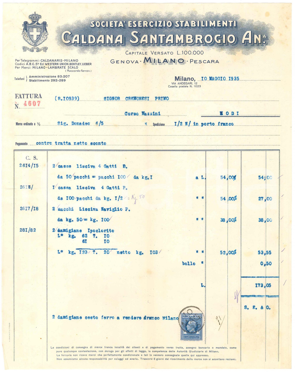 1935 MILANO Via Andegari 12 - CALDANA SANTAMBROGIO S.A. - Fattura per lisciva