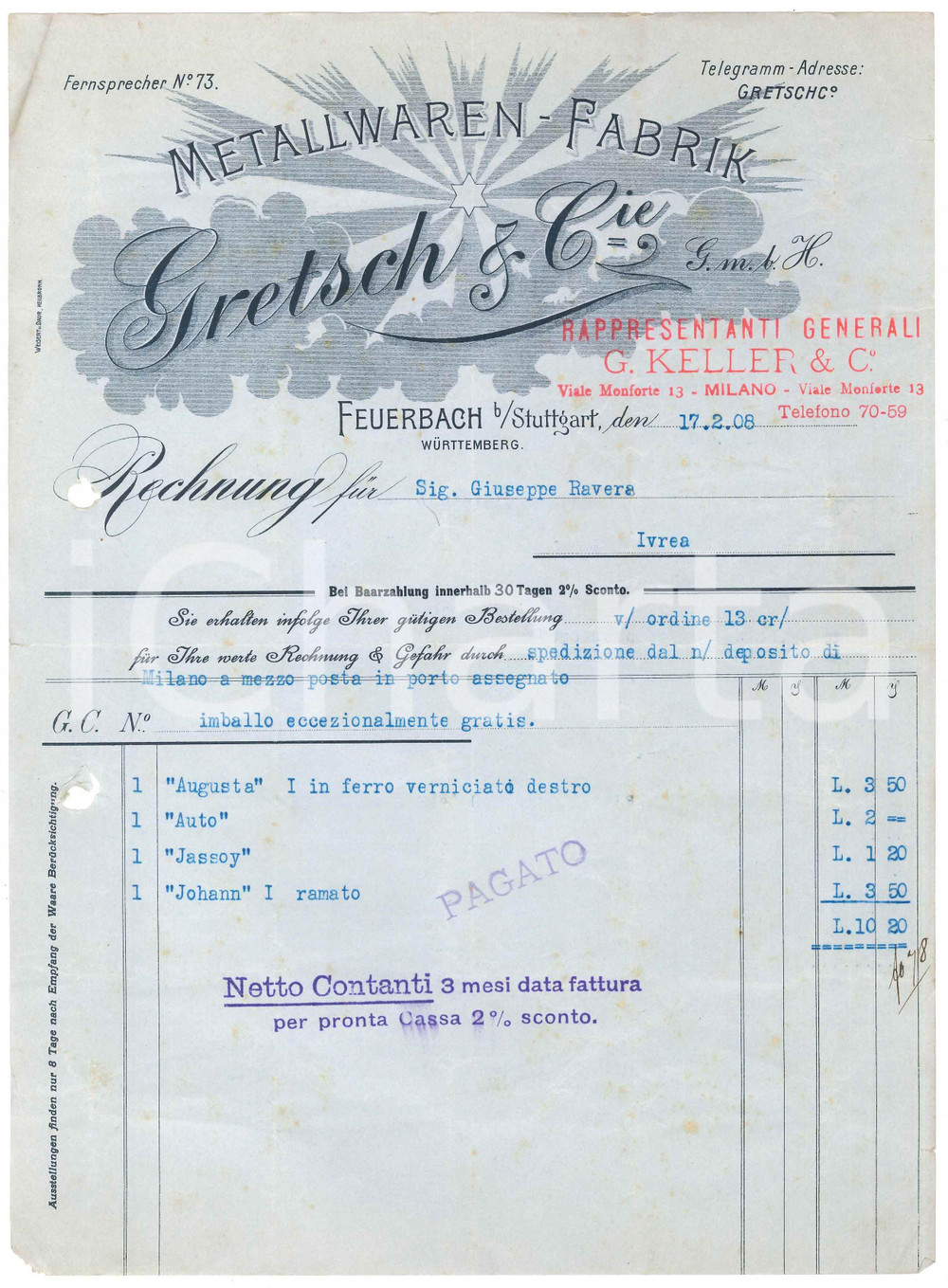 1908 FEUERBACH (GERMANIA) - GRETSCH & C.ie Articoli in metallo - Fattura Fattura commerciale d'epoca dattiloscritta, su carta intestata.Sull'intestazione &egrave; apposto il timbro "Rappresentanti Generali / G. Keller &amp; C.&deg; / Viale Monforte 13 - Milano / Telefono  70-59".PAGINE: 1 POOR/danneggiato piegature d'epoca; fori da classificatore; fioriture; gualciture; piccola mancanza all'angolo inferiore sinistro Formato: 21x29 cm originale e autentica 1