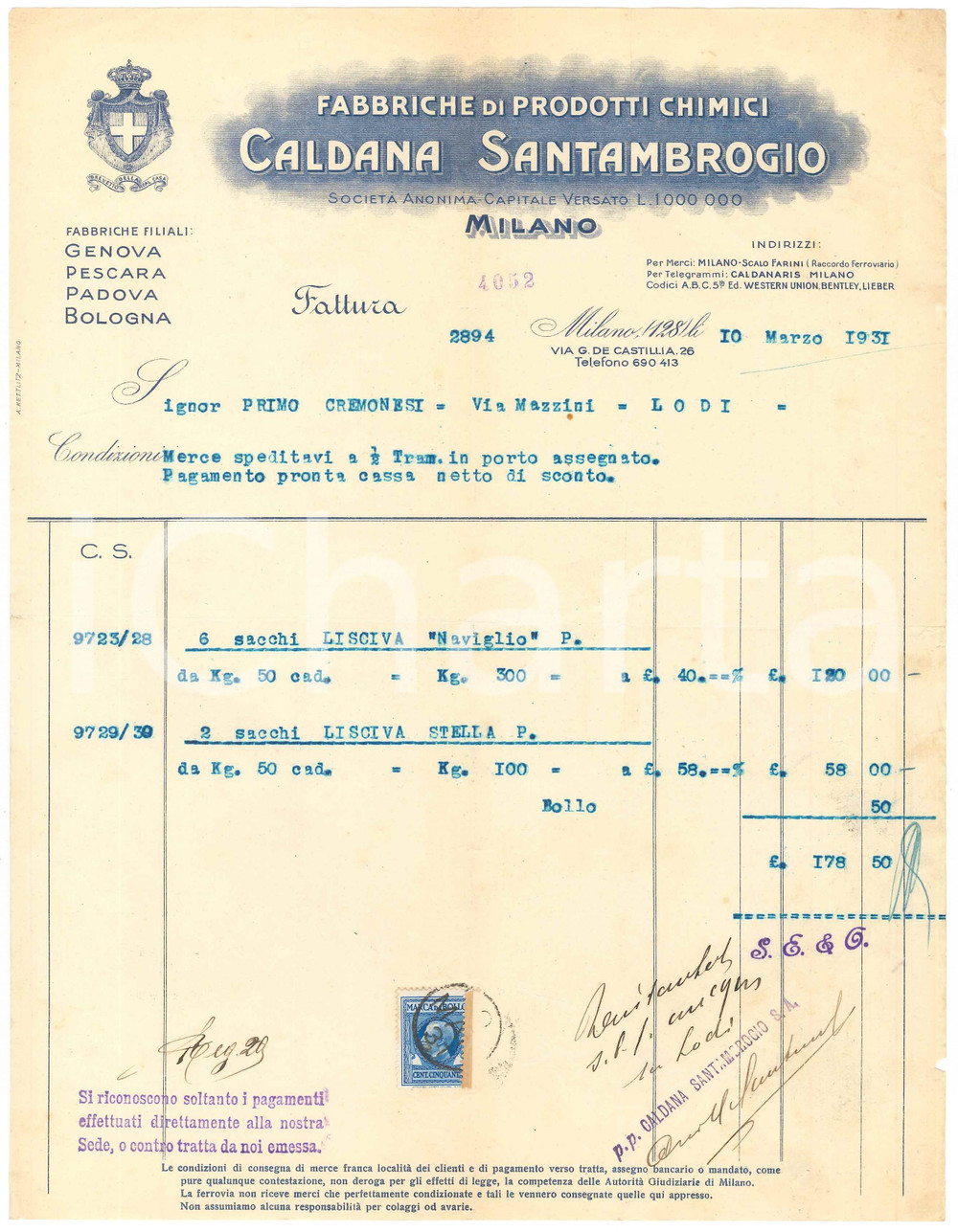 1931 MILANO Via G. de Castillia 26 CALDANA SANTAMBROGIO *Fattura per lisciva (1) Fattura commerciale d'epoca dattiloscritta, su carta intestata.Presente marca da bollo.PAGINE: 1 POOR/danneggiato piegature d'epoca; gualciture; strappi di circa 0.5 cm al lato destro Formato: 22x28 cm originale e autentica 1