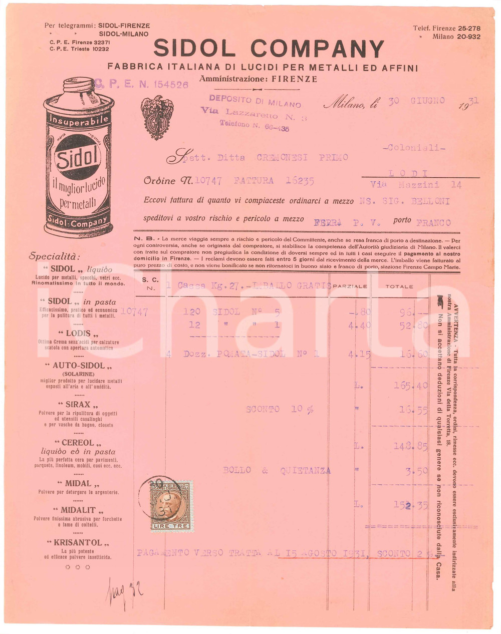 1931 FIRENZE - SIDOL COMPANY Fabbrica lucidi per metalli ed affini - Fattura