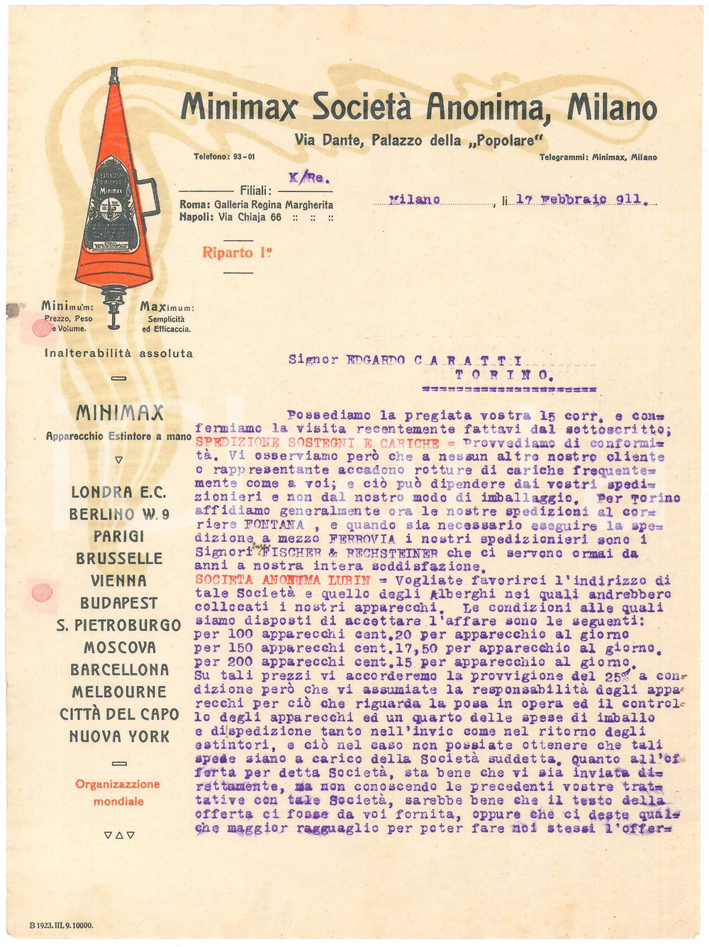 1911 MILANO Via Dante - MINIMAX Società Anonima Apparecchio estintore *Lettera