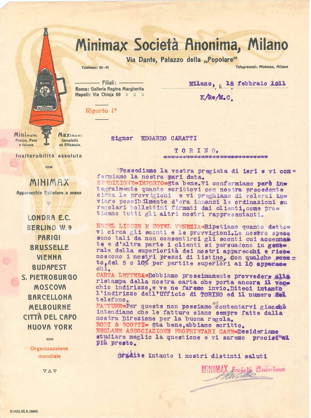Documento originale, autentico 1911 MILANO Via Dante  MINIMAX SocietÃ  Anonima Apparecchio estintore  Lettera 1