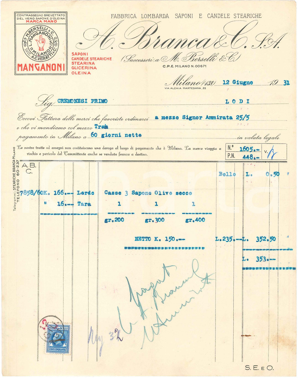 1931 MILANO Via Alzaia Martesana 22 - A. BRANCA & C. S.A. - Fattura per sapone