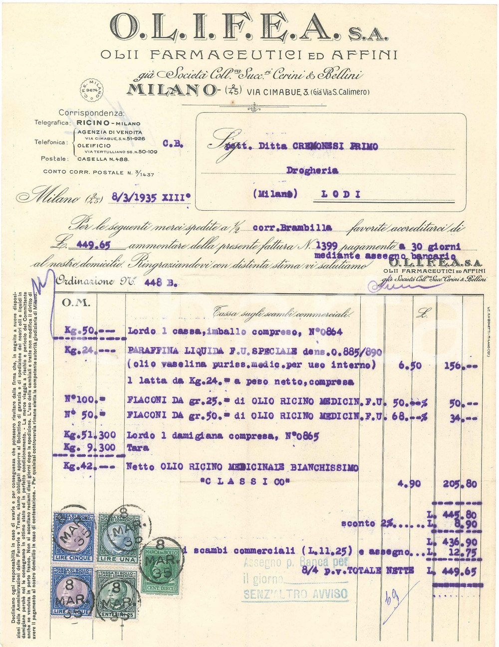 Documento originale, autentico 1935 MILANO Farmaceutica OLIFEA Fattura per olio di ricino 21x28 cm 1