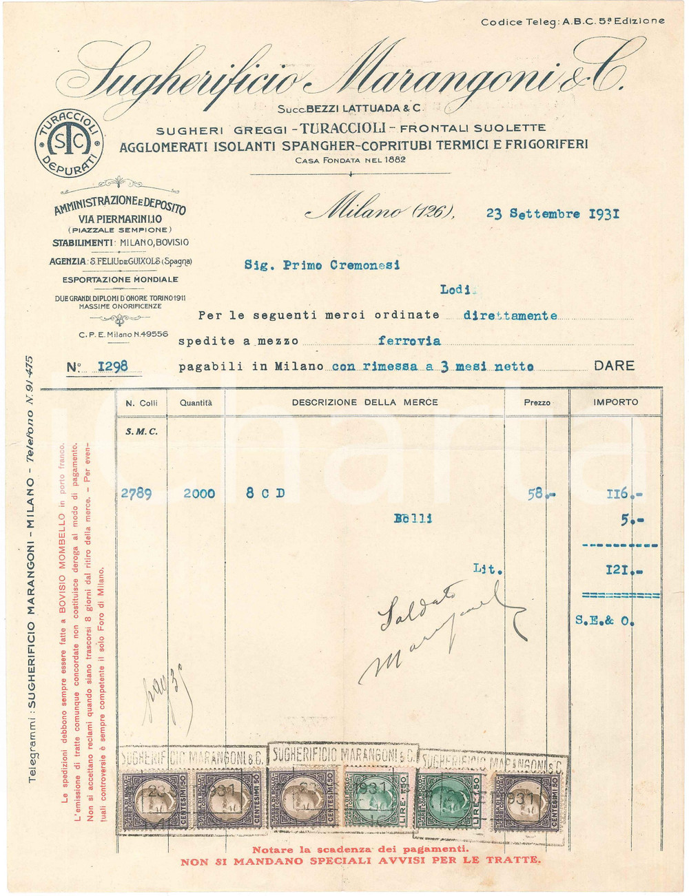 1931 MILANO Sugherificio MARANGONI Succ. BEZZI LATTUADA Fattura con bolli Fattura commerciale d'epoca dattiloscritta, su carta intestata.Presenti marche da bollo.   FAIR/discreto piegature d'epoca Formato: 21x28 cm originale e autentica 1