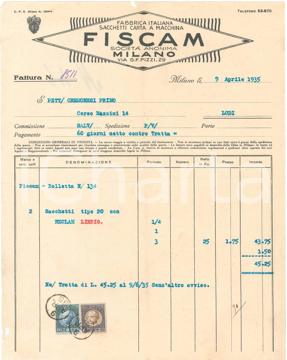 1935 MILANO - FISCAM Fattura per sacchetti con rÃ©clame LIEBIG 22x28 cm Fattura commerciale d'epoca dattiloscritta, su carta intestata.Presenti marche da bollo.   POOR/danneggiato piegature d'epoca, piegatura e strappo all'angolo superiore sinistro, mancanze ai margini Formato: 22x28 cm originale e autentica 1
