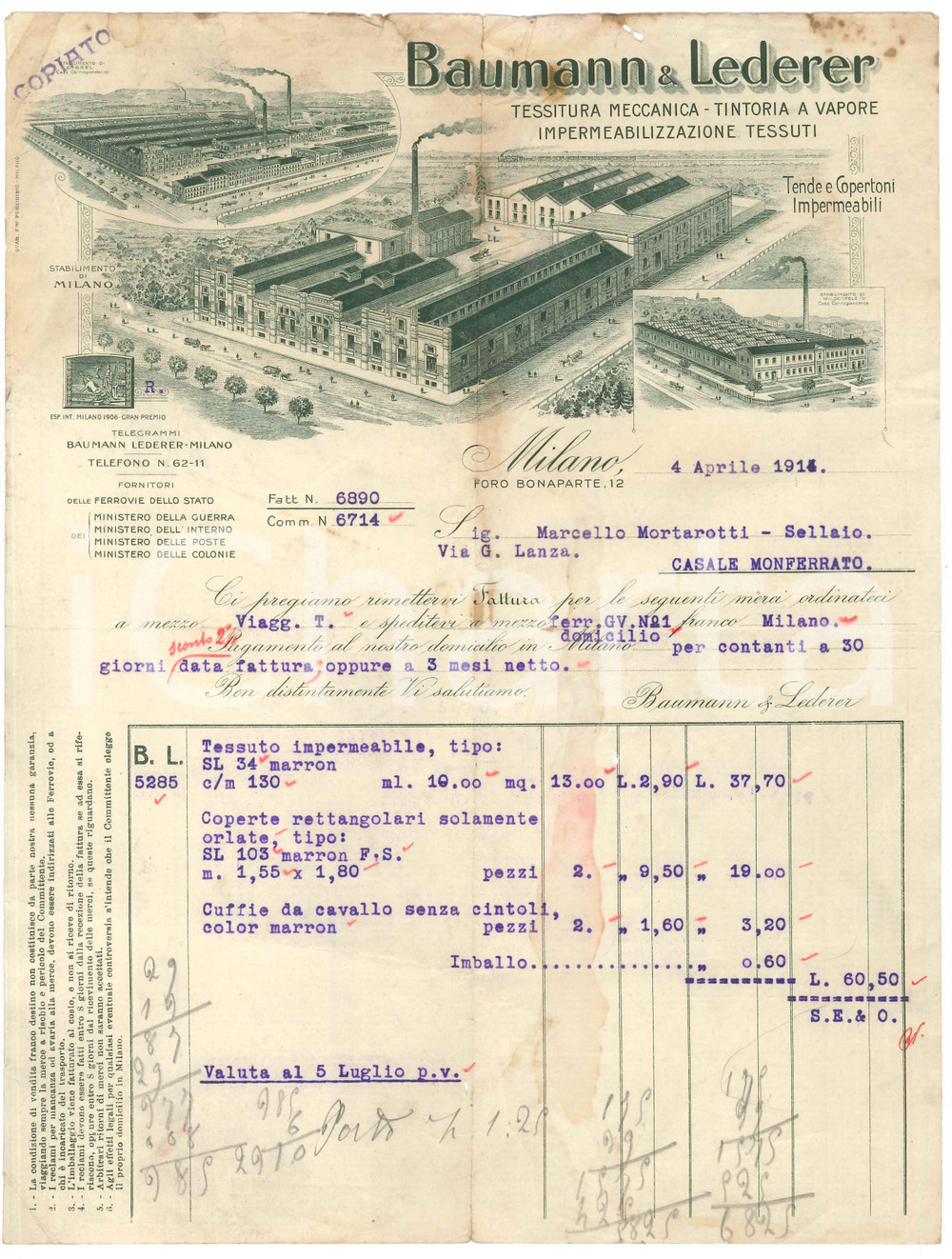 1914 MILANO Foro Bonaparte 12 - Tessitura BAUMANN & LEDERER Fattura 22x28 cm Fattura commerciale d'epoca dattiloscritta, su carta intestata.    VERY POOR/gravemente danneggiato piegature d'epoca, gualciture diffuse, bruniture, strappi al margine superiore, piegature agli angoli Formato: 22x28 cm originale e autentica 1