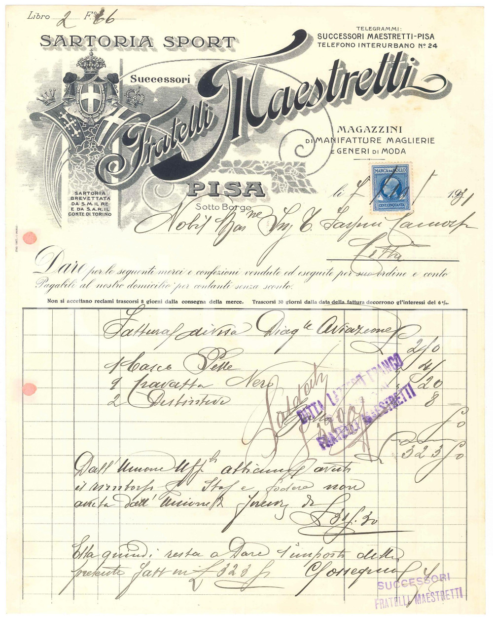 1931 PISA Sotto Borgo - FRATELLI MAESTRELLI Sartoria Sport - Fattura 22x28 cm Fattura commerciale d'epoca manoscritta, su carta intestata.    FAIR/discreto piegature d'epoca, fori da classificatore al margine sinistro Formato: 22x28 cm originale e autentica 1