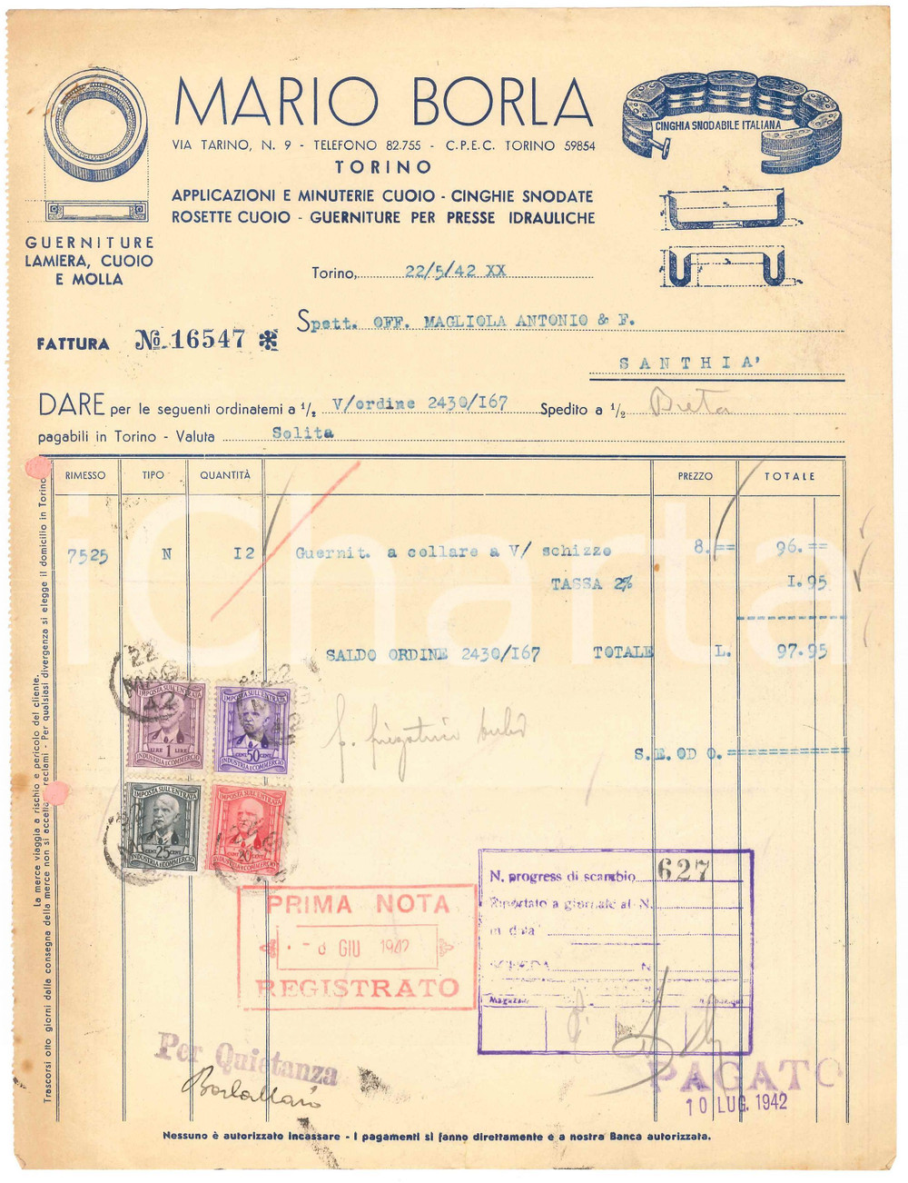 1942 TORINO - Mario BORLA via Tarino 9 - Cuoio, cinghia snodabile (11) *Fattura