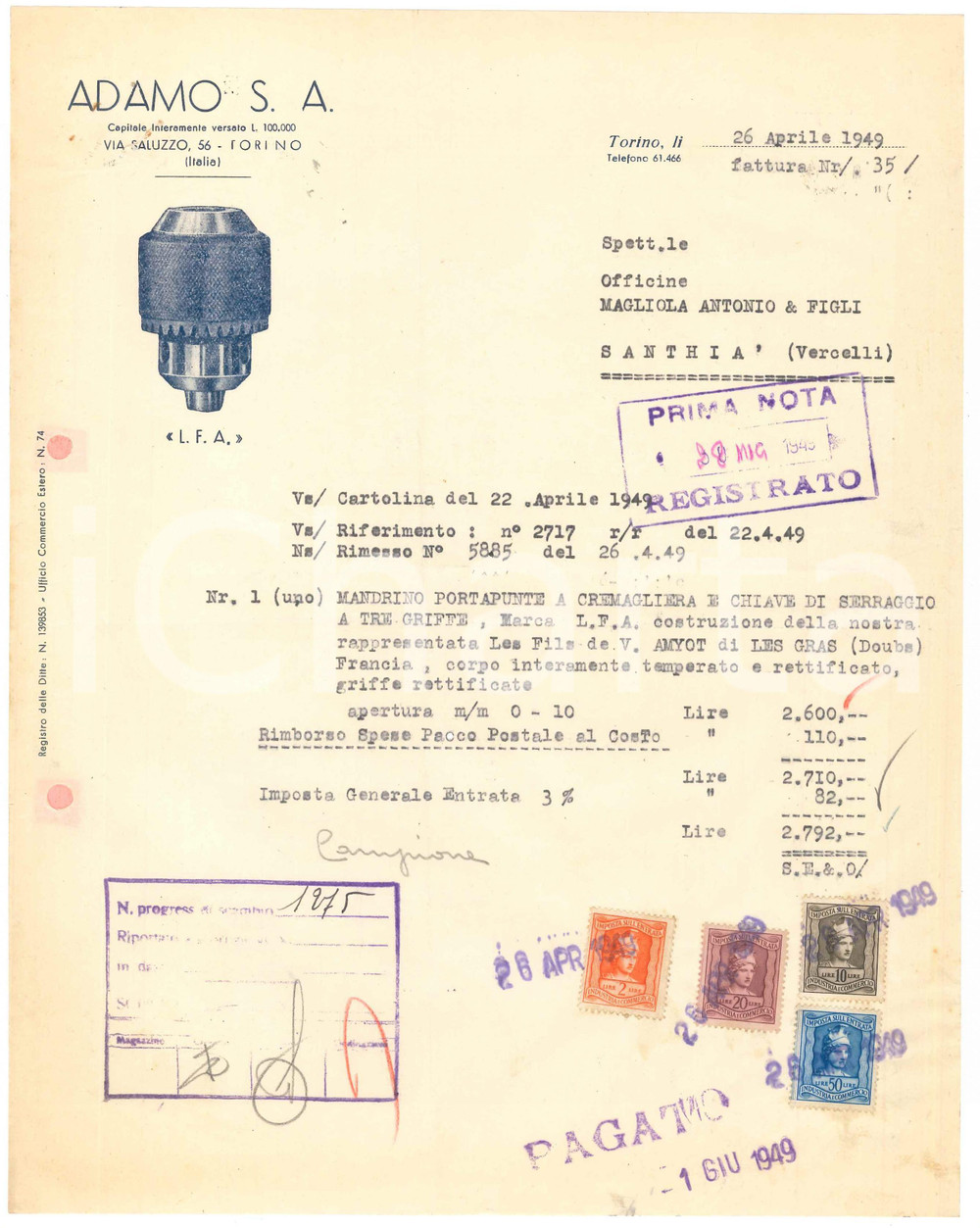 Documento originale, autentico 1949 TORINO Via Saluzzo 56  Officine ADAMO S.A. Fattura per mandrino 22x28 cm 1