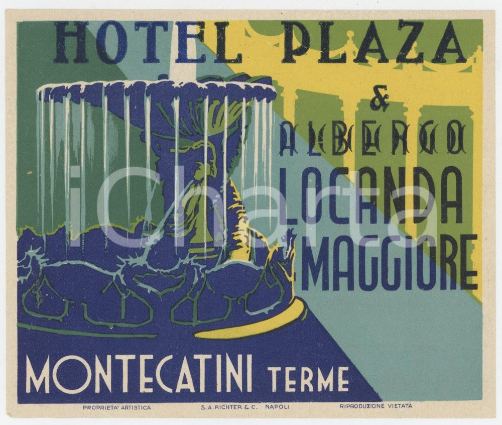 Materiale pubblicitario d’epoca 1935 ca MONTECATINI TERME Hotel Plaza e Locanda Maggiore  Etichetta 13x11 cm 1