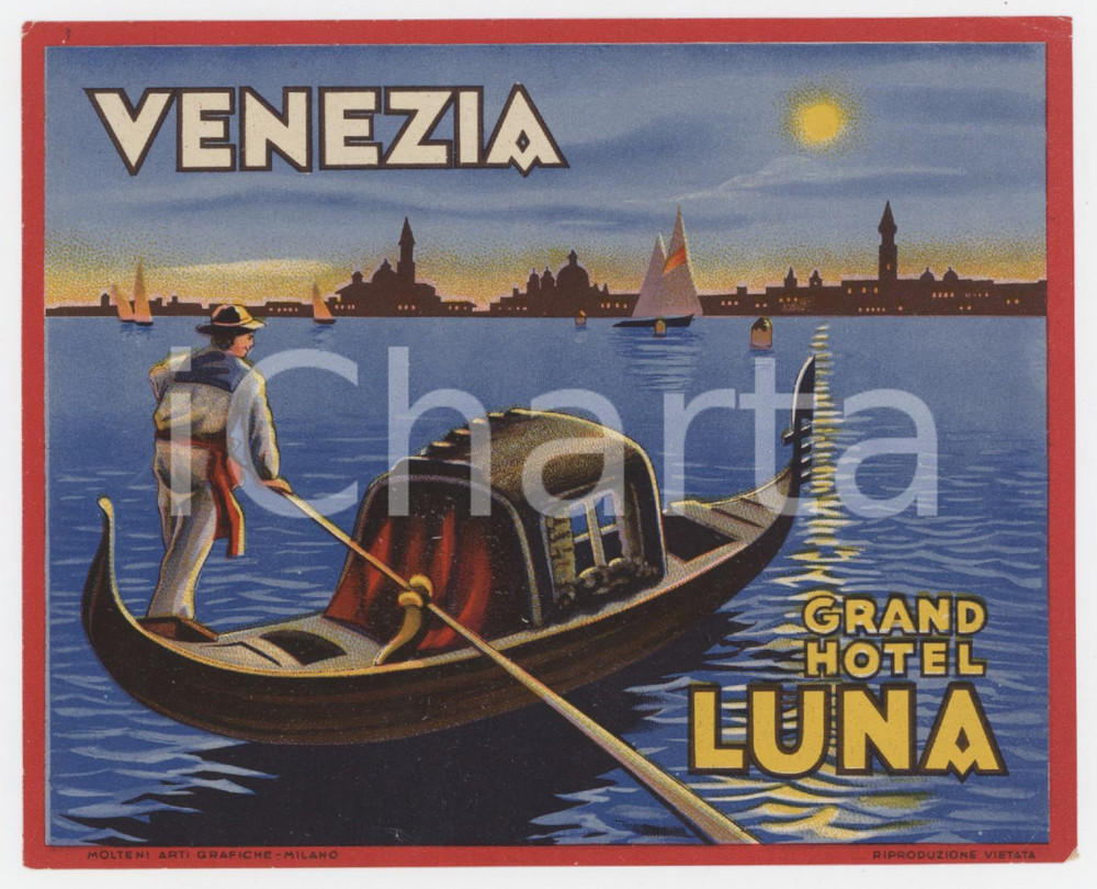 Materiale pubblicitario d’epoca 1940 ca VENEZIA Grand Hotel Luna  Gondoliere  Etichetta ILLUSTRATA 12x10 1 1