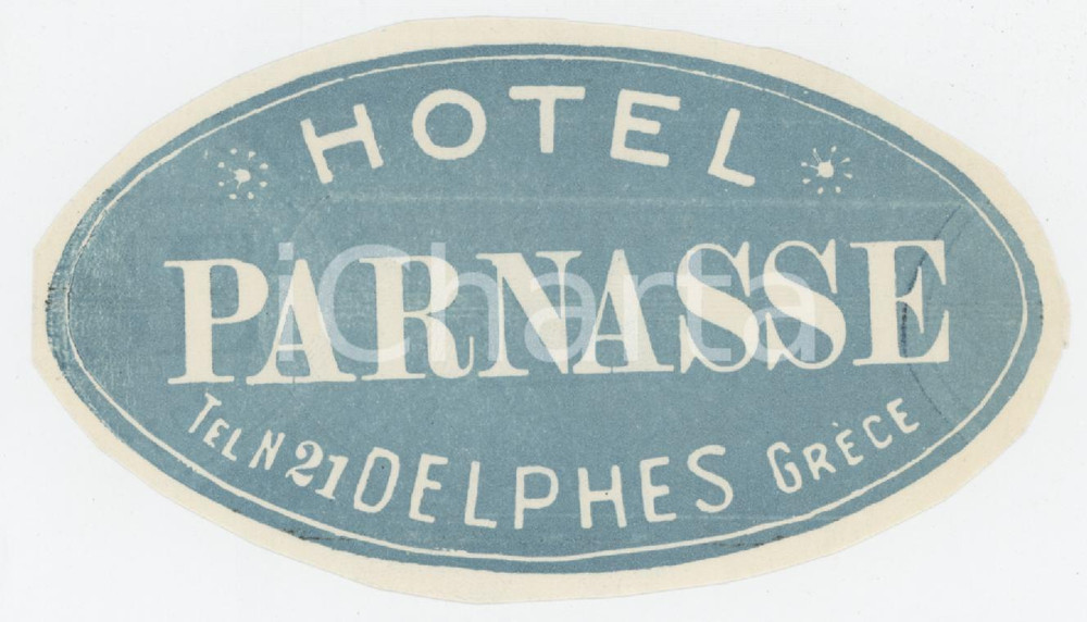 1960 ca DELPHES - GRECE Hotel Parnasse - Etichetta 10x6 cm (4) Etichetta d'epoca.  FAIR/discreto Margini rifilati a mano e lievi residui di inchiostro Formato: 10x6 cm originale e autentica 1