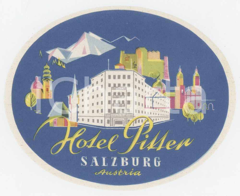 1960 ca SALZBURG - AUSTRIA Hotel PItter - Etichetta ILLUSTRATA 12x10 cm