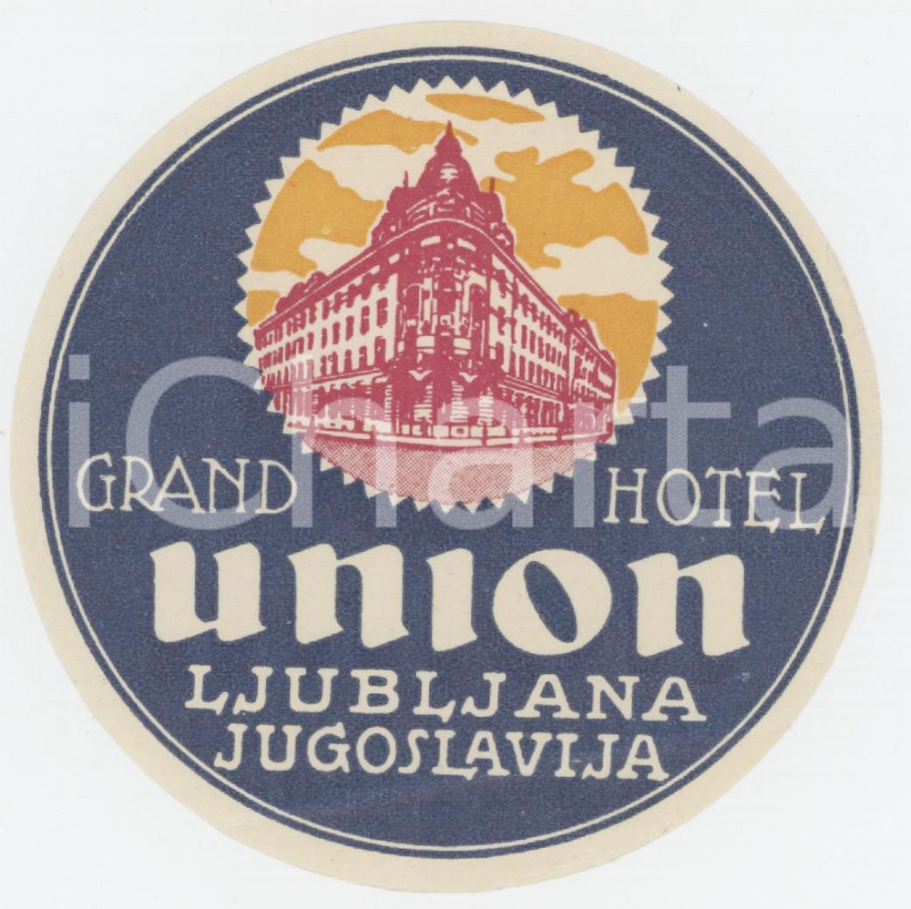 1940 ca LJUBLJANA JUGOSLAVIA Grand Hotel Union - Etichetta ILLUSTRATA 8x8 (1) Etichetta d'epoca.  FAIR/discreto Piegature ai margini Formato: 8x8 originale e autentica 1