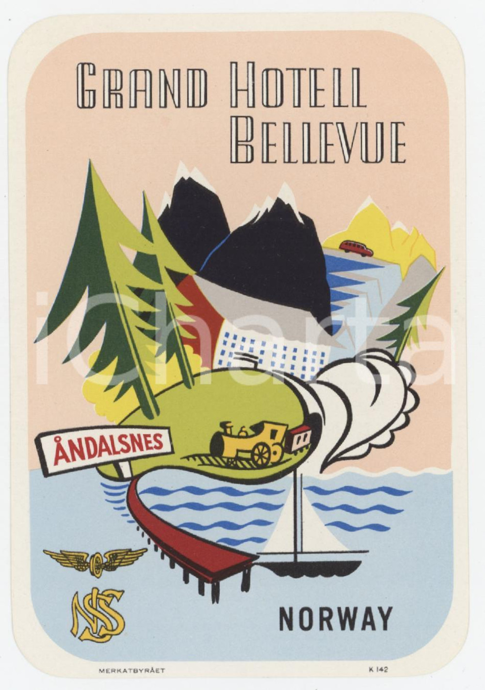 1960 ca ANDALSNES - NORWAY Grand Hotell Bellevue - Etichetta ILLUSTRATA 7x11 cm