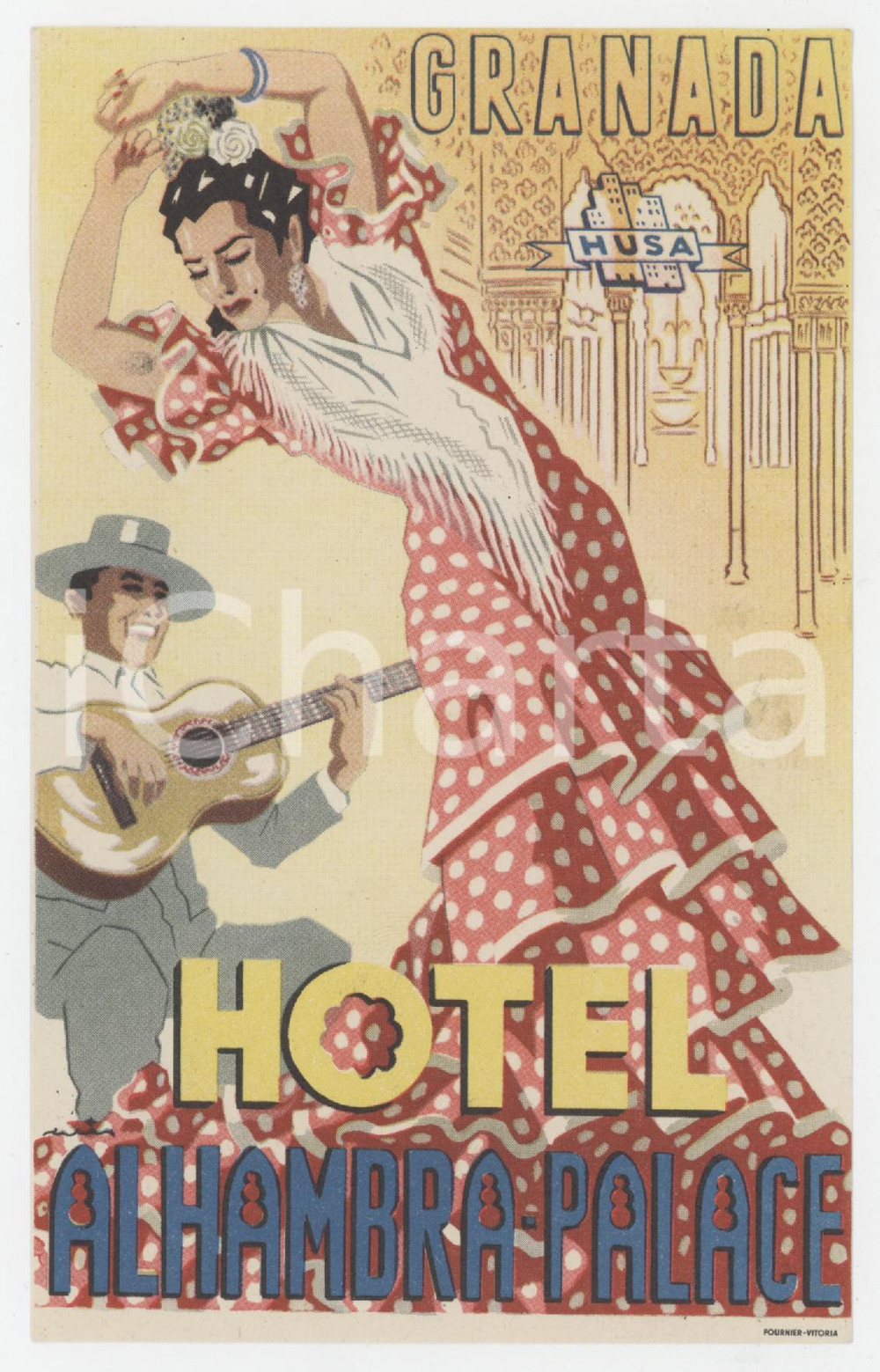 1930 ca GRANADA ESPANA Hotel Alhambra Palace - Etichetta ILLUSTRATA 14x9 (1) Etichetta d'epoca.  FAIR/discreto Lievi smussature agli angoli Formato: 14x9 originale e autentica 1