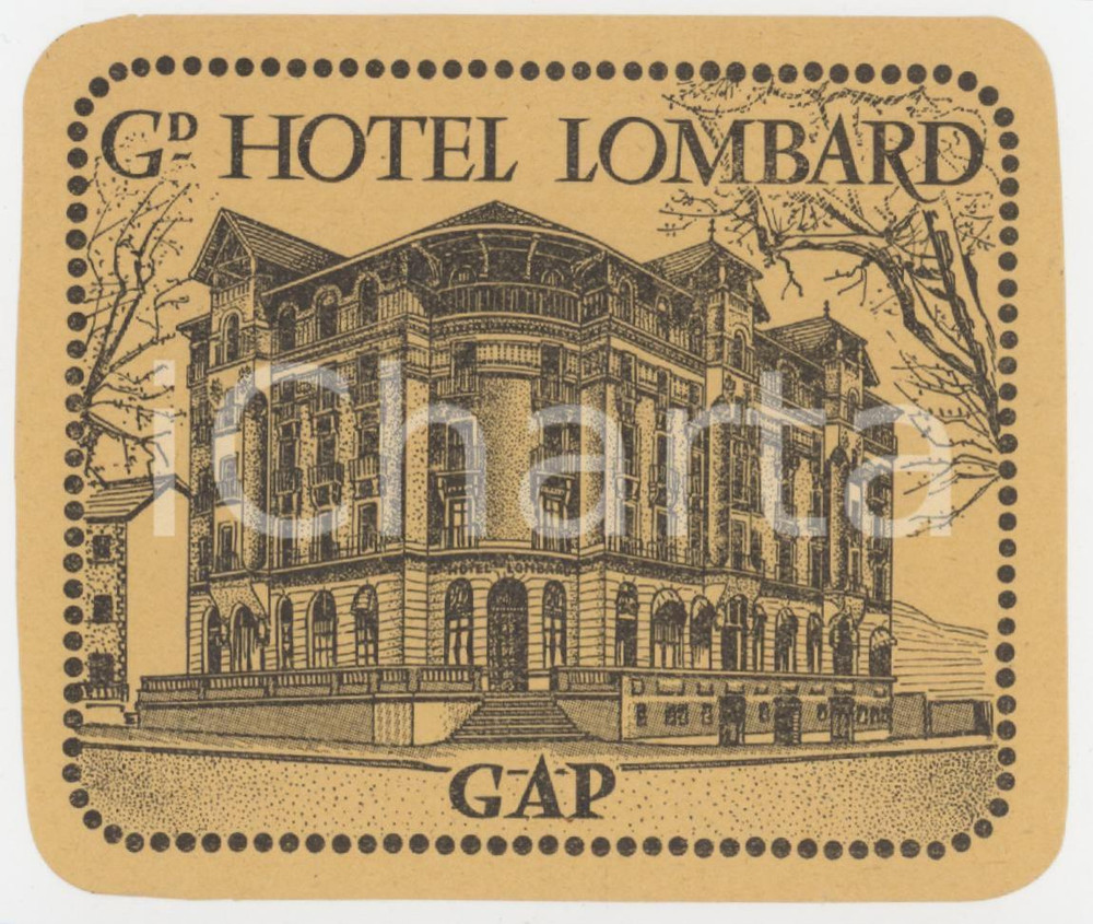 1930 ca GAP / FRANCE Grand Hotel Lombard - Etichetta ILLUSTRATA 9x8 cm Etichetta d'epoca.   GOOD/buono  FORMATO: 9x8 cm originale e autentica 1