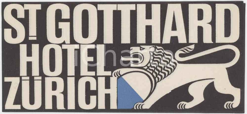 1950 ca ZURICH Hotel St. Gotthard - Etichetta ILLUSTRATA 14x6 cm (1) Etichetta d'epoca.   FAIR/discreto Lievi smussature agli angoli FORMATO: 14x6 cm originale e autentica 1