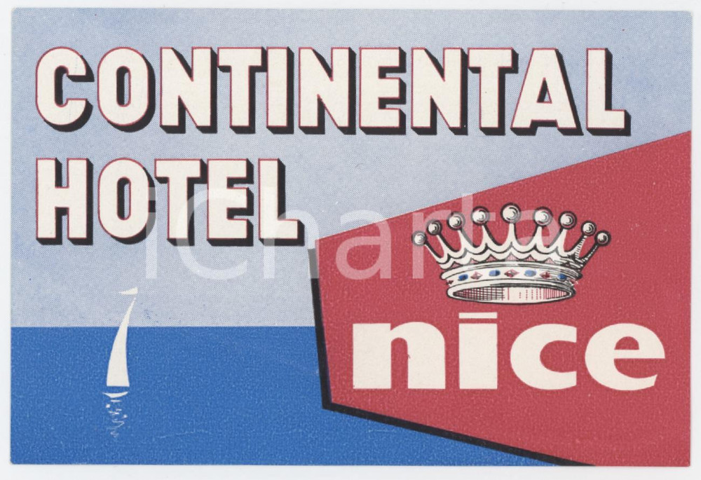 1960 ca NICE Continental Hotel - Etichetta ILLUSTRATA 10x7 cm