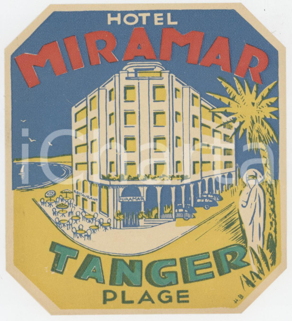 1960 ca TANGER Plage - Hotel Miramar - Etichetta ILLUSTRATA 10x11 cm Etichetta d'epoca.  GOOD/buono  Formato: 10x11 cm originale e autentica 1