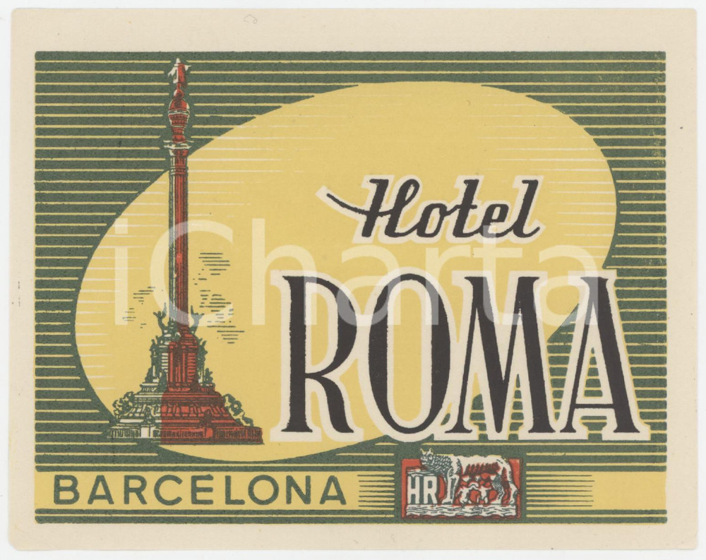 1955 ca BARCELONA Hotel Roma - Etichetta ILLUSTRATA 12x10 cm