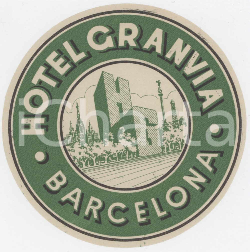 1950 ca BARCELONA Hotel Granvia - Etichetta ILLUSTRATA 11x11 (1) Etichetta d'epoca. FAIR/discreto Residui di inchiostro al recto Formato: 11x11 originale e autentica 1