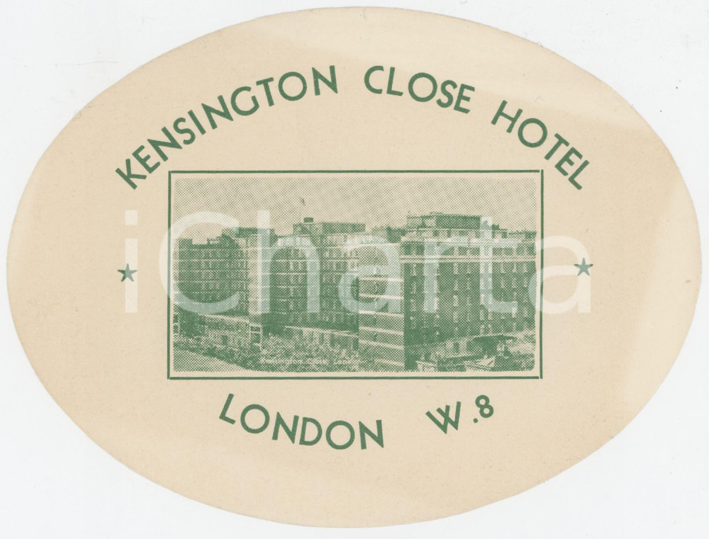 1950 ca LONDON Kensington Close Hotel - Etichetta ILLUSTRATA 15x11 cm (4) Etichetta d'epoca.  FAIR/discreto lievi ingialliture e piccoli strappi ai margini Formato: 15x11 originale e autentica 1