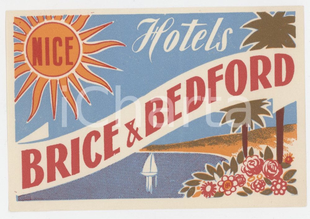 1960 ca NICE Brice & Bedford Hotels - Etichetta ILLUSTRATA 12x8 cm