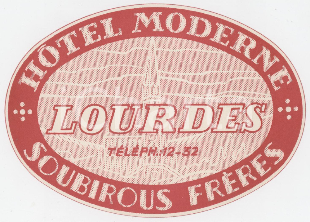 1955 ca LOURDES Soubirous frères - Hotel Moderne - Etichetta ILLUSTRATA 12x8 cm