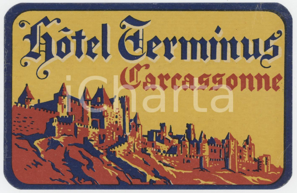 1955 ca CARCASSONNE FRANCE Hotel Terminus - Etichetta ILLUSTRATA 11x7 cm Etichetta d'epoca.  GOOD/buono  Formato: 11x7 cm originale e autentica 1
