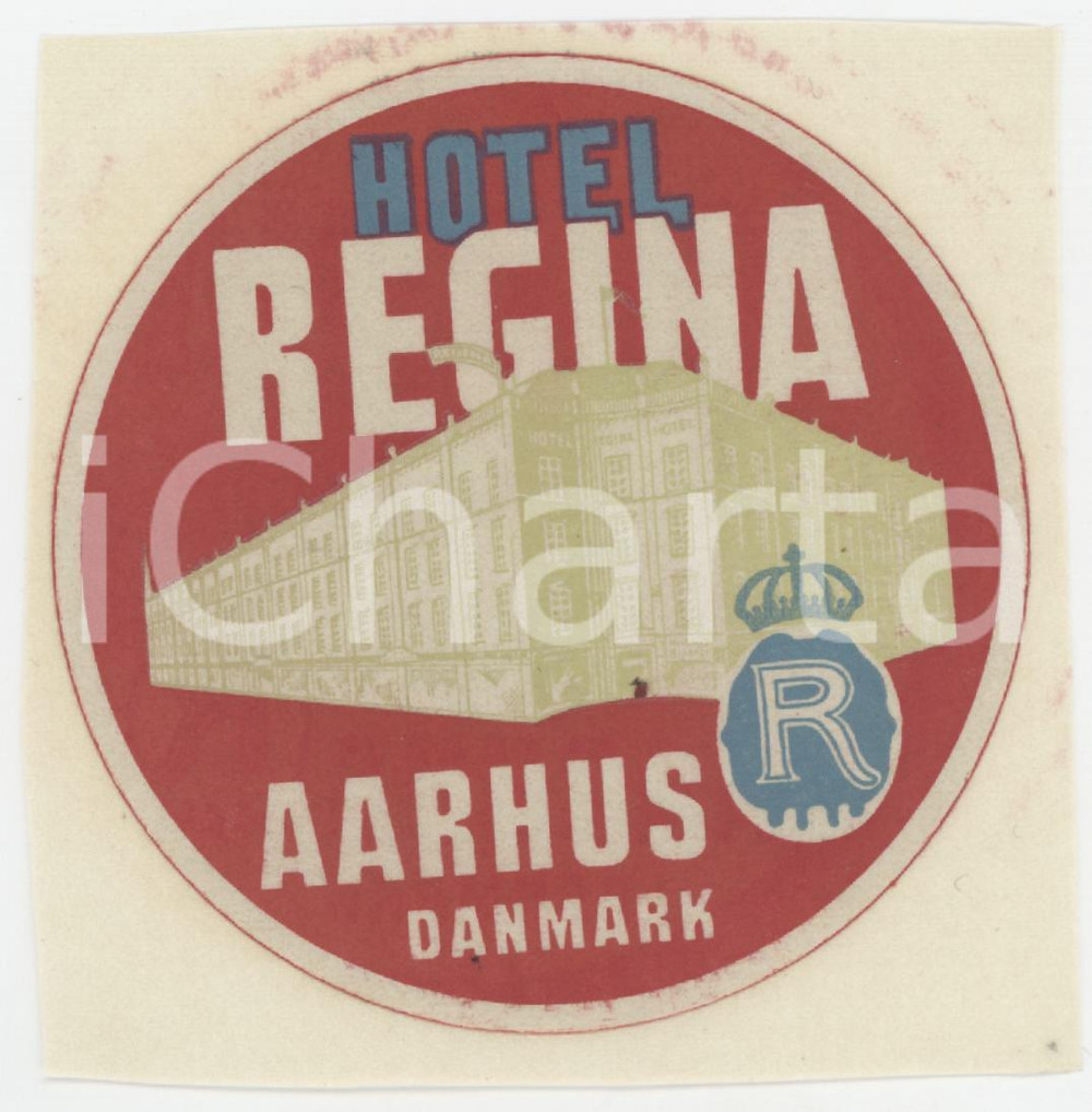 1940 ca AARHUS DENMARK Hotel Regina - Etichetta ILLUSTRATA 8x8 (1) Etichetta d'epoca.  GOOD/buono  Formato: 8x8 originale e autentica 1