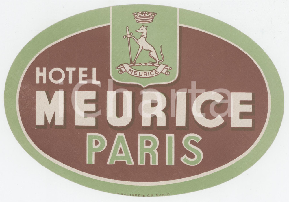1940 ca PARIS Hotel Meurice - Etichetta ILLUSTRATA 16x11 cm