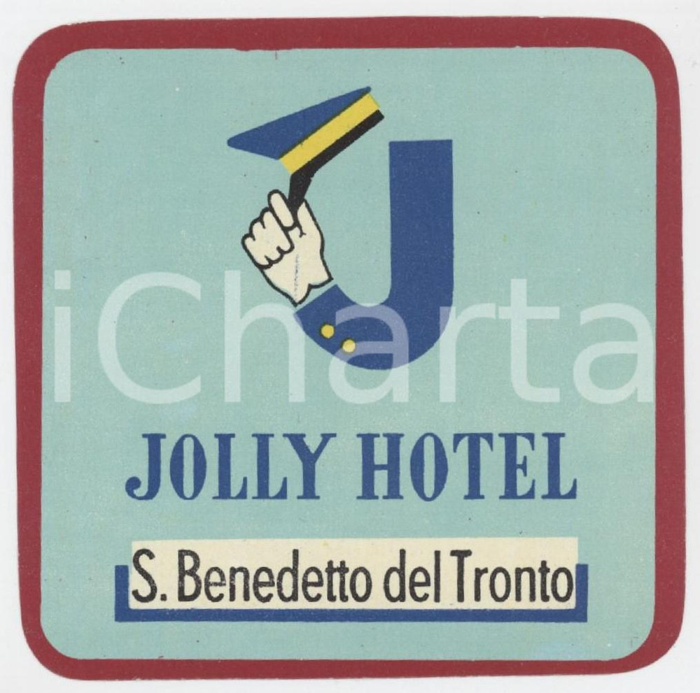 1960 ca SAN BENEDETTO DEL TRONTO Jolly Hotel - Etichetta ILLUSTRATA 8x8 cm