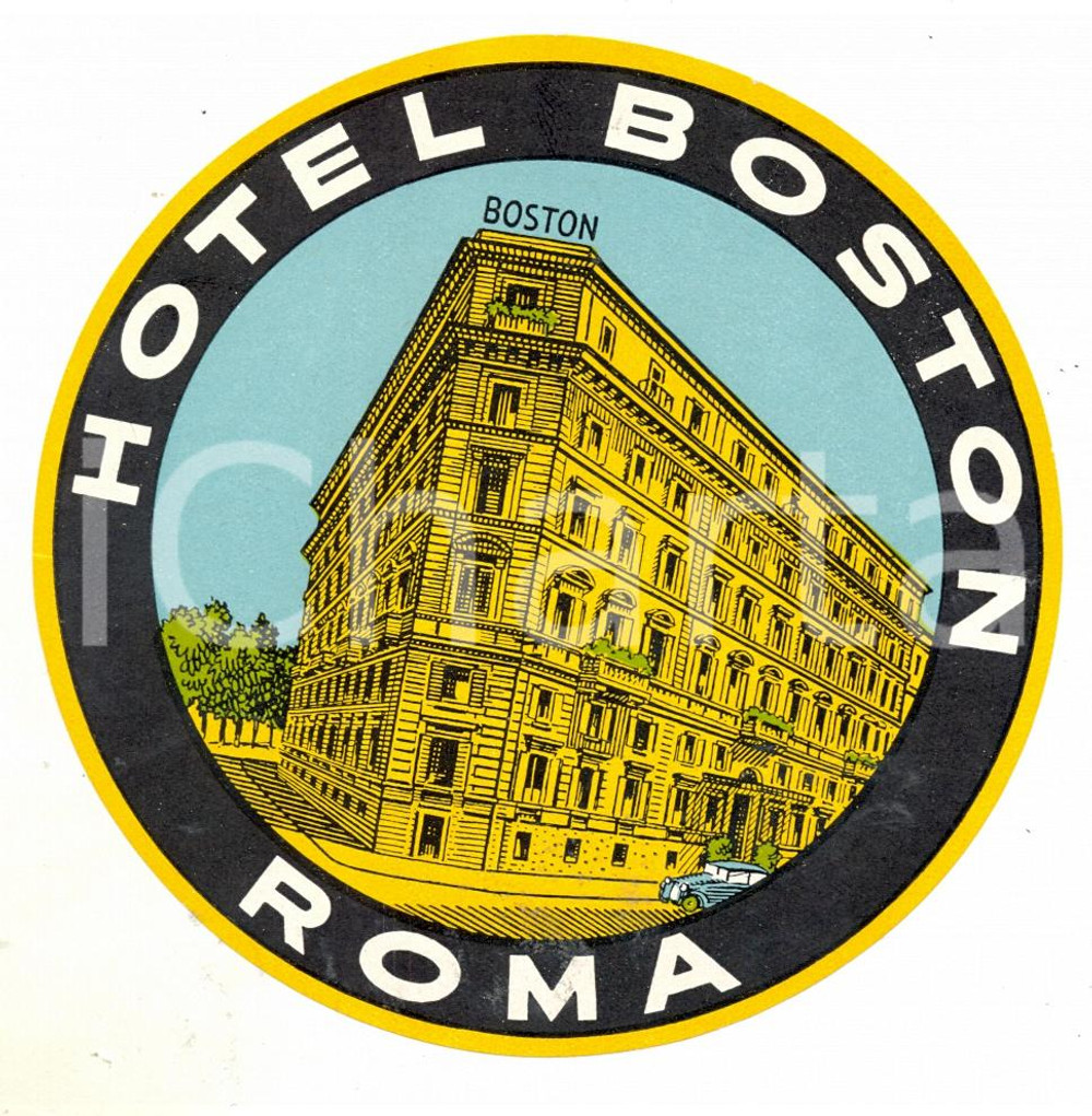 1950 ca ROMA Hotel Boston - Etichetta ILLUSTRATA 11x11 cm