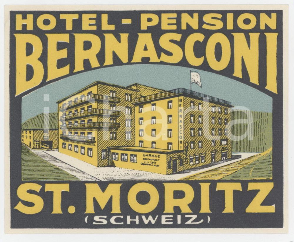 1950 ca ST. MORITZ Hotel Pension Bernasconi - Etichetta ILLUSTRATA 9x8 cm