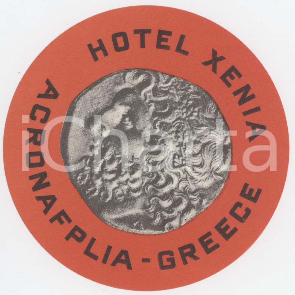 1960 ca ACRONAFPLIA - GREECE Hotel Xenia - Etichetta ILLUSTRATA 9x9 cm