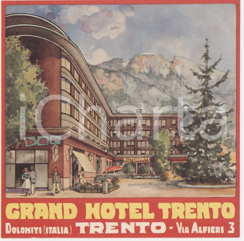 1960 ca TRENTO - DOLOMITI Grand Hotel Trento - Etichetta ILLUSTRATA 10x10 cm
