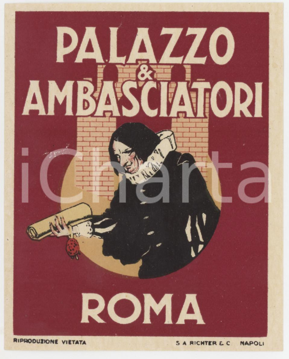 1940 ca ROMA Hotel Palazzo e Ambasciatori - Etichetta ILLUSTRATA 8x10 cm