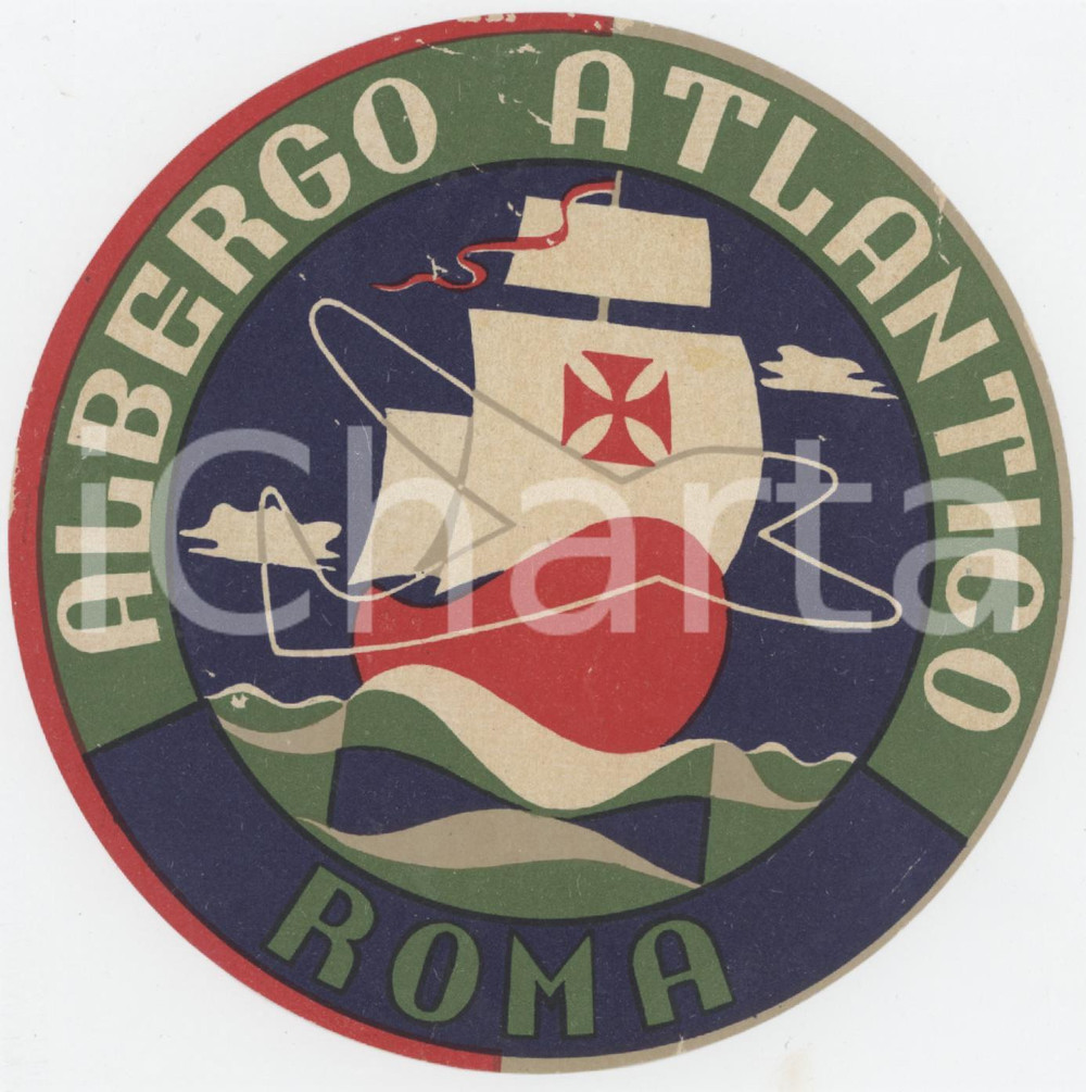 1940 ca ROMA Albergo Atlantico - Etichetta ILLUSTRATA 11x11 cm