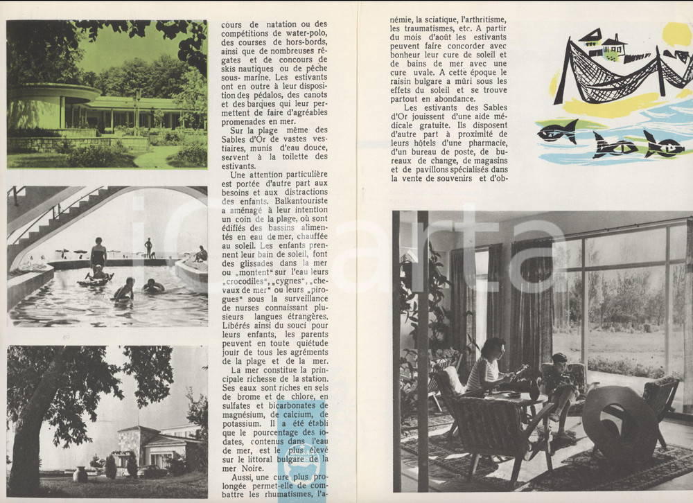 1960 ca BULGARIA - Stazioni balneari "Sables d'or" "Droujba" - Pieghevole Pieghevole pubblicitario d'epoca, illustrato.PAGINE: 16 POOR/danneggiato mancanza al lato inferiore e gualciture Formato: 17x24 cm originale e autentica 1