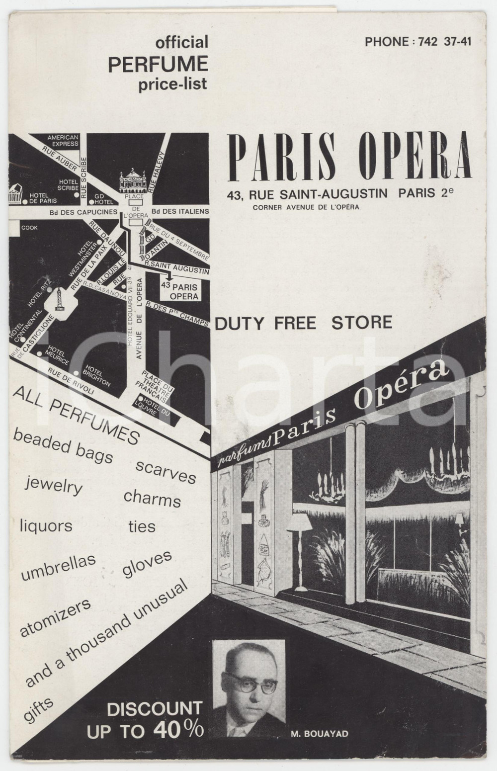Materiale pubblicitario d’epoca 1960 ca PARIS OPERA Duty free store  Official perfume pricelist 8 p. 1
