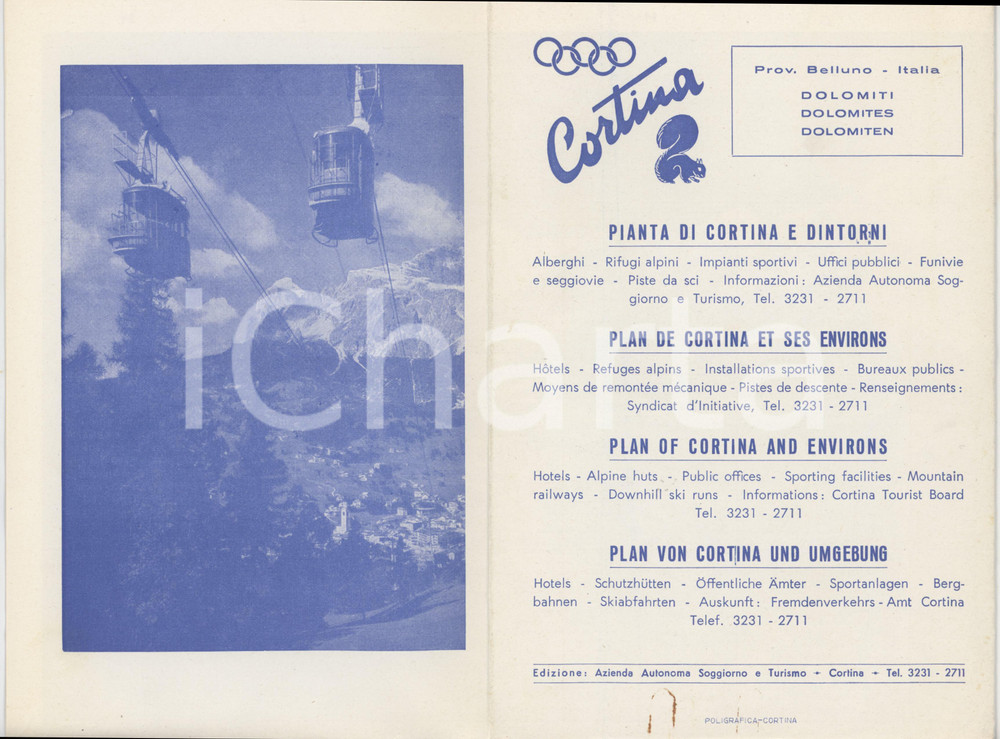 1956 TURISMO OLIMPIADI CORTINA D'AMPEZZO Pieghevole pianta illustrata del centro