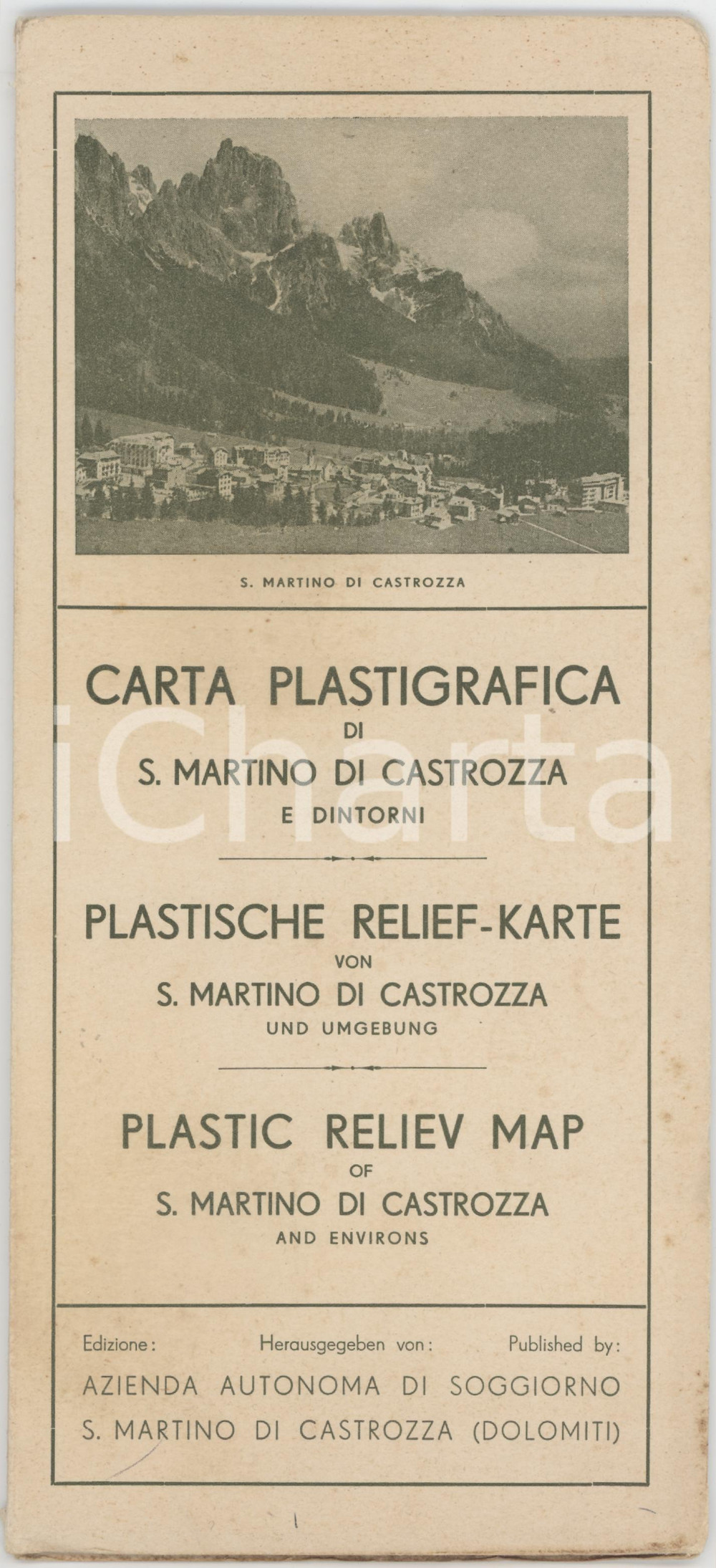 1939 TURISMO - DOLOMITI - SAN MARTINO DI CASTROZZA *Carta plastigrafica Mappa originale d'epoca, ripiegata.PAGINE: 12 facciate FAIR/discreto buone condizioni della mappa, ma piegature al cartoncino e lievi fioriture Formato: 12x26 cm (chiusa) originale e autentica 1