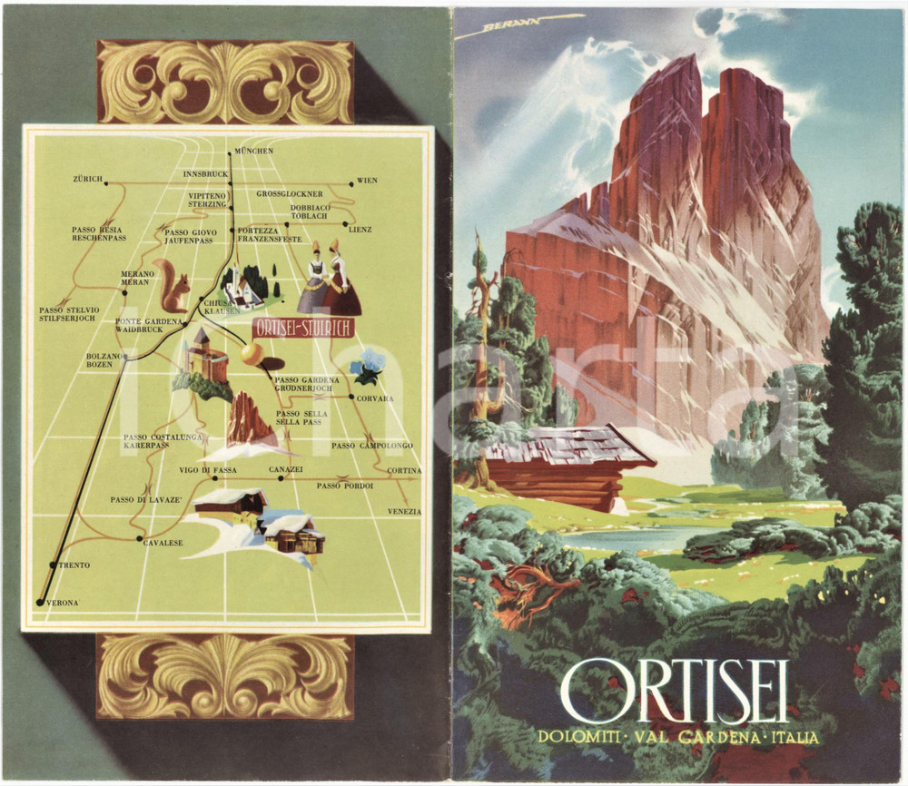 1958 TURISMO DOLOMITI - VAL GARDENA - ORTISEI - Pieghevole illustrato BERANN