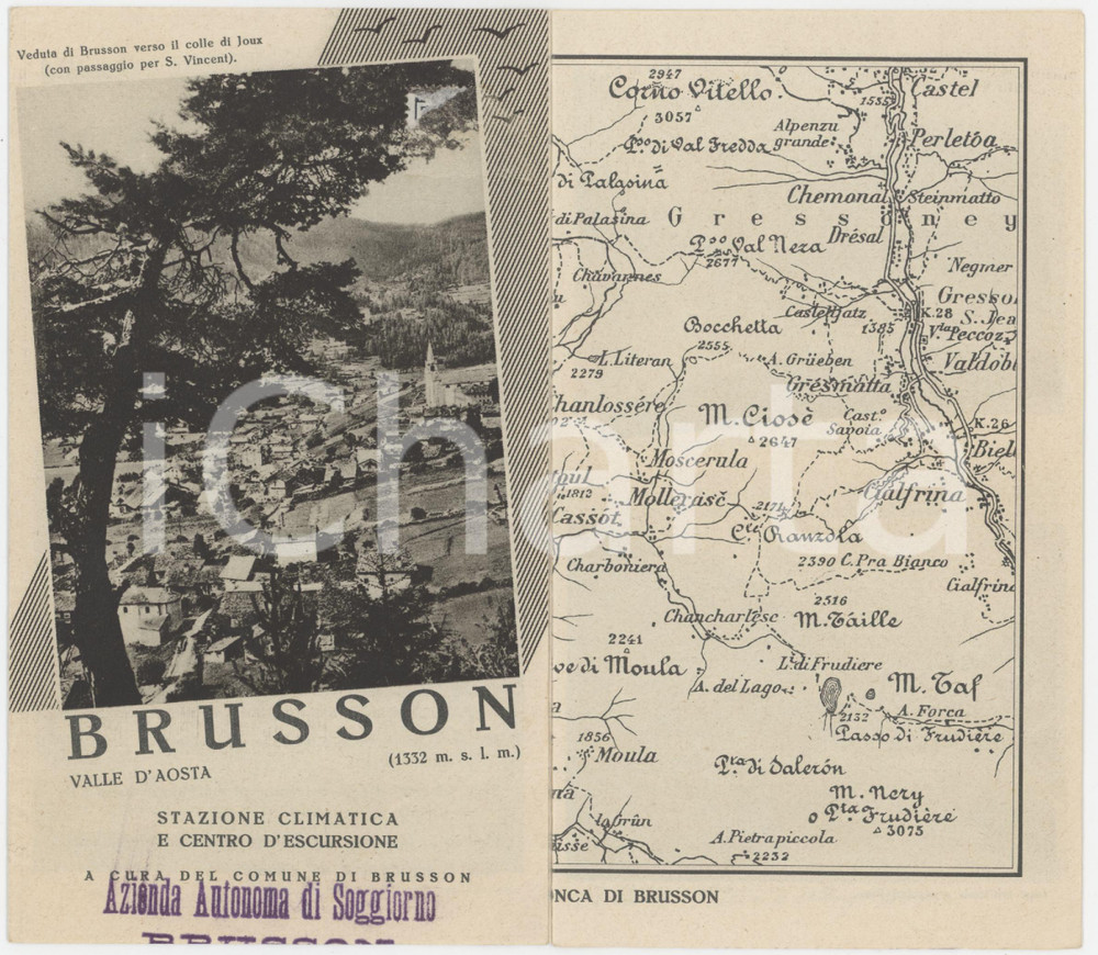 1934 TURISMO BRUSSON (VALLE D'AOSTA) Pieghevole illustrato con cartina