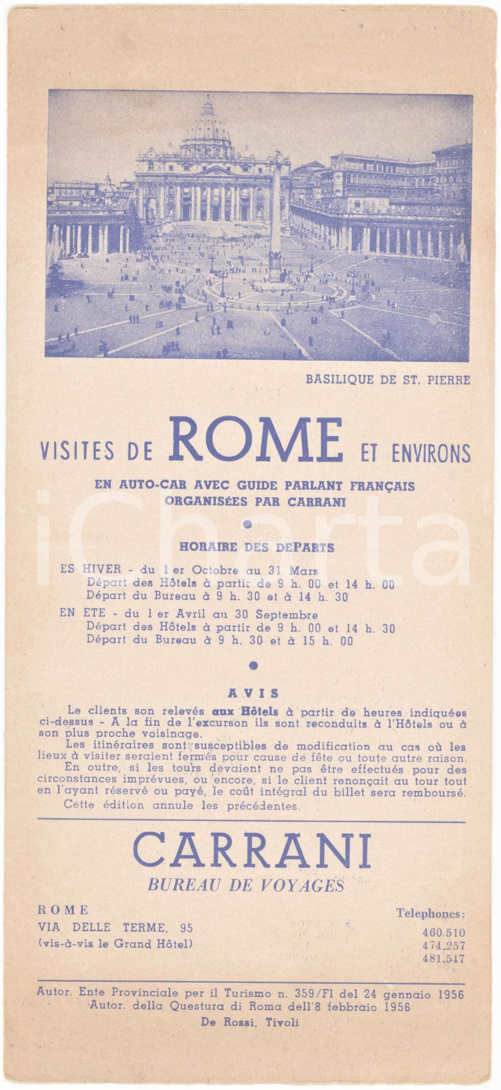 1960 ca TURISMO ROMA Viaggi CARRANI - Pieghevole illustrato FRANÇAIS