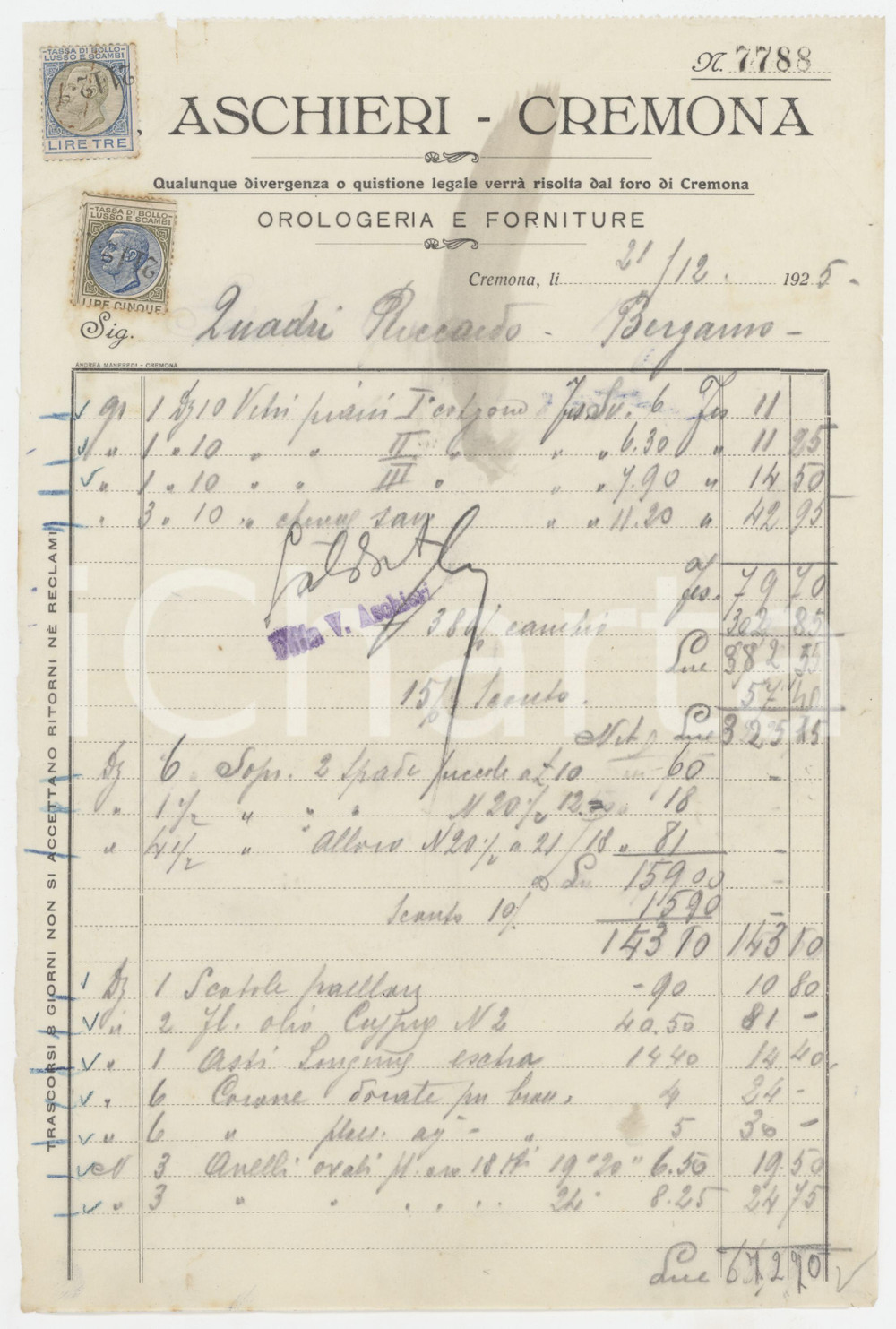 1925 CREMONA - V. ASCHIERI Orologeria e forniture - Fattura commerciale